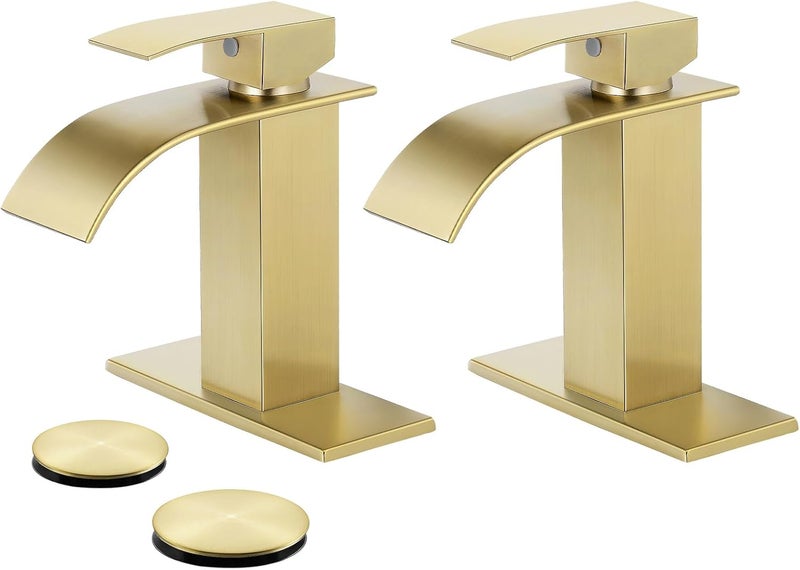 LUFG Bathroom Faucets Brushed Gold Waterfall Bathroom Sink Faucet Modern Single Handle Bathroom Faucet for 1 or 3 Hole Mxier Tap Washbasin Faucet with Deck, Pop-up Drain and Supply Hoses 2 Pack - Image 1